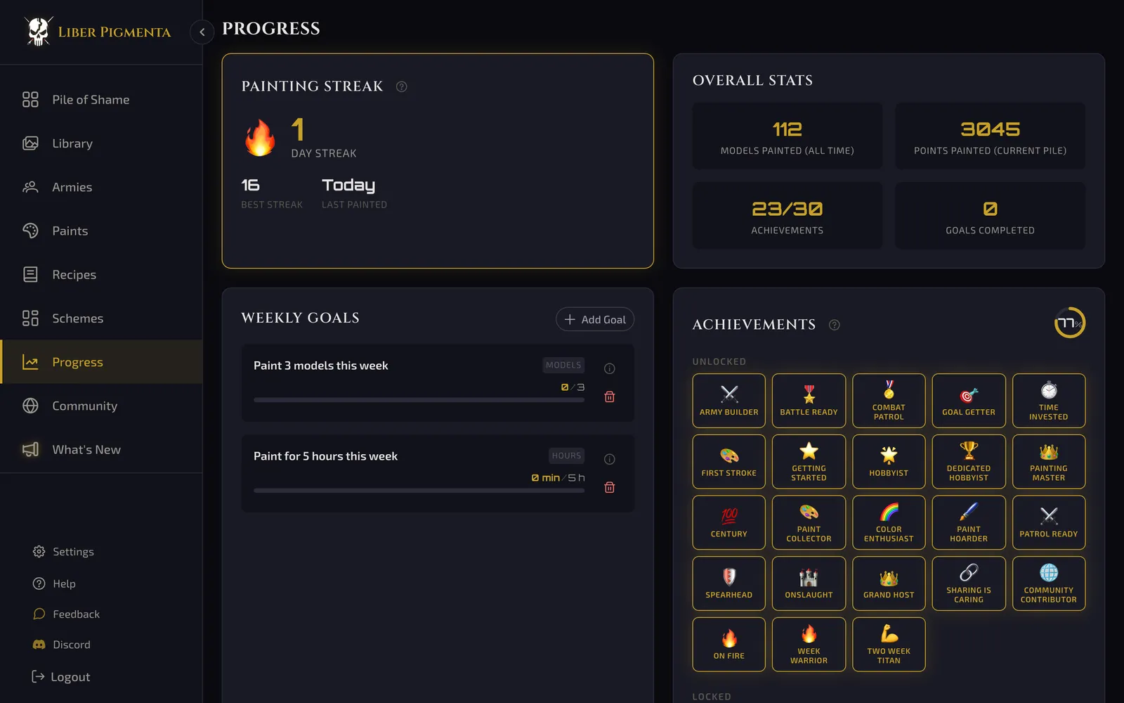 Progress dashboard with streaks and weekly goals